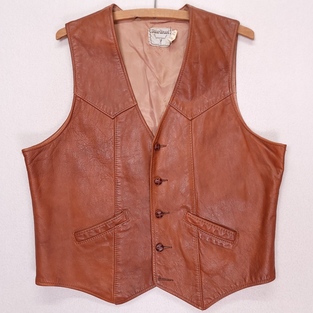 Steer Brand Vintage Leather Western Vest Mens Large Brown Made in USA Cowboy